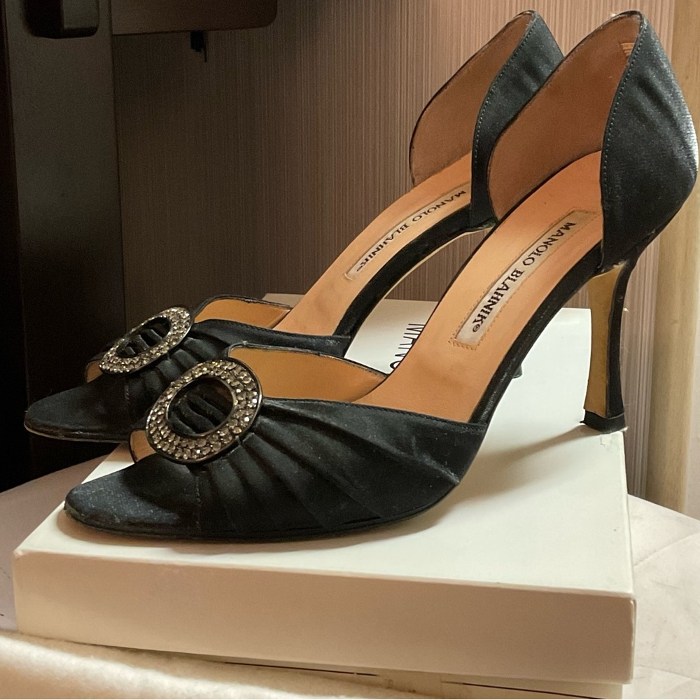 Manolo Blahnik Sedaraby Crystal D’Orsay Black Satin Shoes